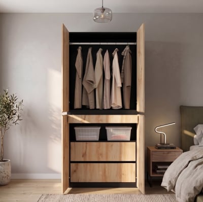 Armoire 90x50x200 cm avec miroir à bijoux, 4 portes, 3 tiroirs, chêne