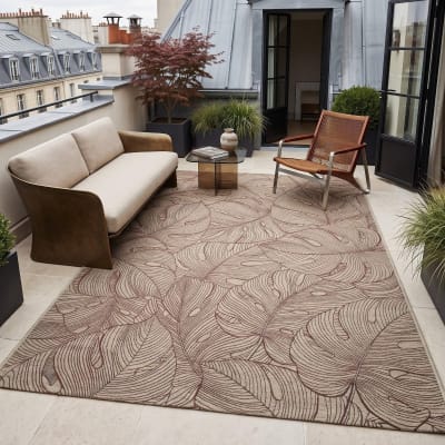 Tapis extérieur intérieur beige bordeaux motif feuillage 160x230