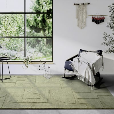 Tapis chambre 80 x 150 cm laine authentique, motif géométrique, vert