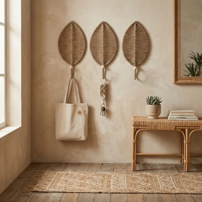 Ensemble de 3 porte manteaux muraux en jute et acier marron 12x4x26 cm