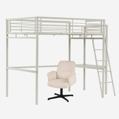 Lit mezzanine blanc avec bureau et fauteuil de bureau pivotant beige
