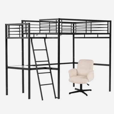 Lit mezzanine double avec bureau et fauteuil de bureau pivotant