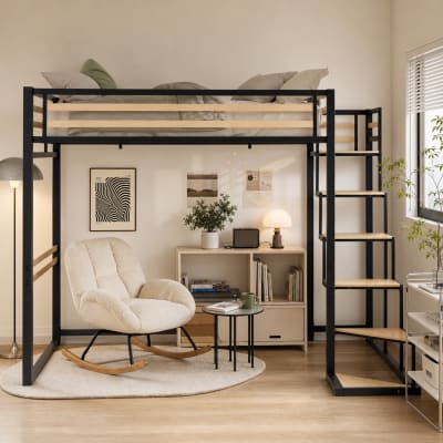Lit superposé double haut avec fauteuil à bascule en velours côtelé