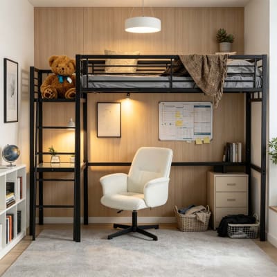 Lit mezzanine double avec bureau et fauteuil de bureau pivotant