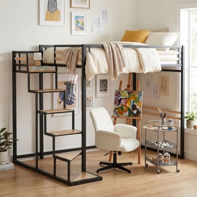 Lit superposé double noir haut avec fauteuil de bureau pivotant bouclé