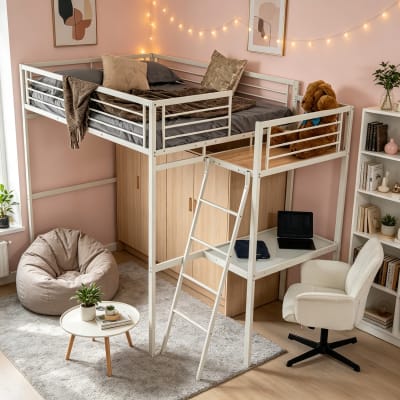 Lit mezzanine blanc avec bureau et fauteuil de bureau pivotant blanc