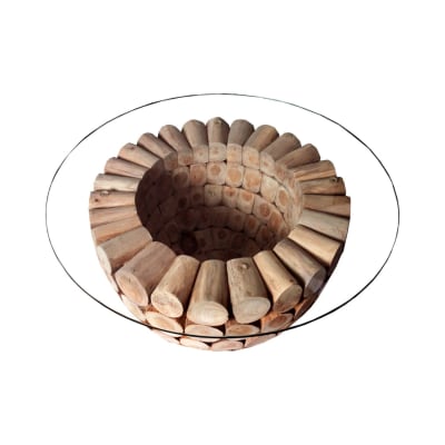 Table basse ronde en bois de teak et plateau en verre 70x41x70cm
