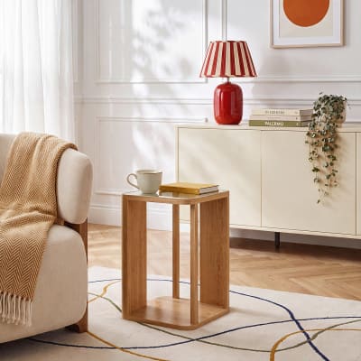 Table d'appoint en bois massif plaqué chêne et verre trempé - naturel