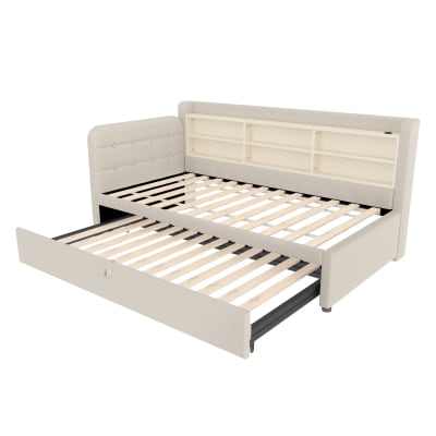 Lit de jour en polyester effet lin beige avec lit gigogne