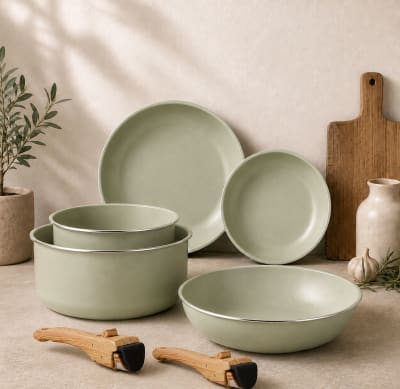 Batterie de cuisine 7 pièce amovible en aluminium celadon - tous feux