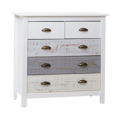 Commode 5 tiroirs bois aspect vieilli blanc et grisé