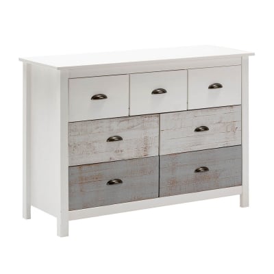 Commode 7 tiroirs bois aspect vieilli blanc et grisé