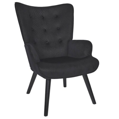 Fauteuil tissu velours côtelé noir et piétement hévéa laqué noir