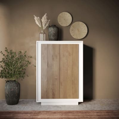 Rangement 2 portes blanc laqué façades aspect bois mercure pied socle