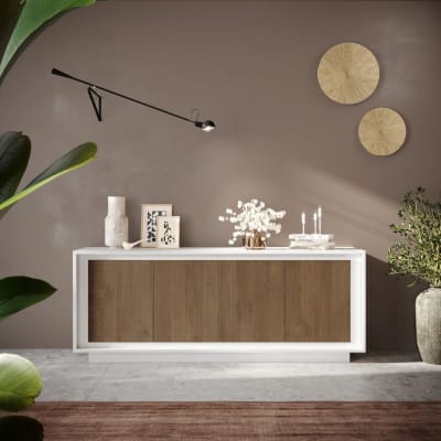 Buffet 4 portes blanc laqué et aspect bois mercure pied socle
