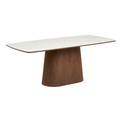 Table repas 200cm plateau aspect marbre pied placage frêne teinté