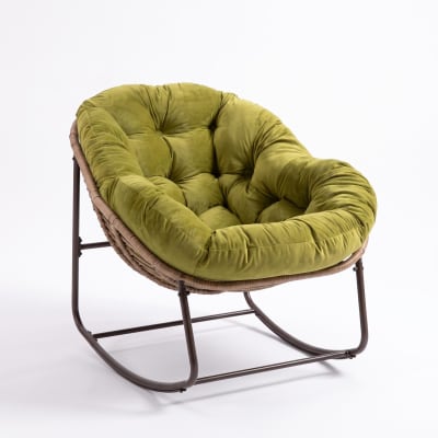 Fauteuil à bascule en rotin extérieur, avec coussin rembourré, olive