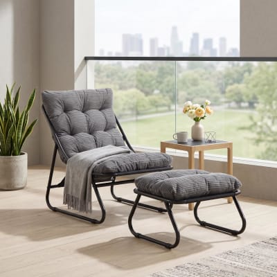 Fauteuil patio avec pouf, tissu rayé vertical, gris