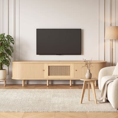 Support tv avec tiroirs en rotin, compartiments et pieds métalliques