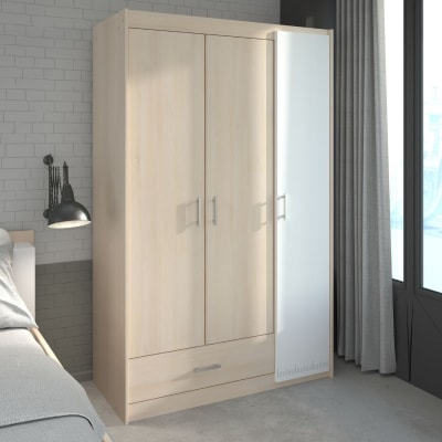 Armoire 3 portes 1 tiroir aspect bois avec 1 porte blanche imprimée