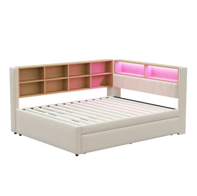 Canapé-lit 140x200 cm avec lit gigogne à gauche en polyester beige
