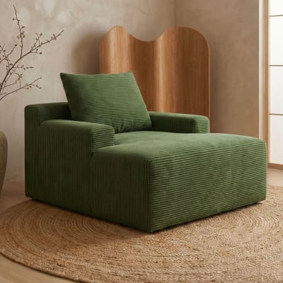Fauteuil lounge style méridienne velours côtelé vert
