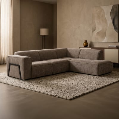 Canapé d'angle en tissu taupe avec détail métal noir - angle droit