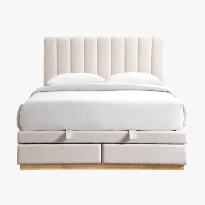 Lit double en tissu beige avec coffre et 2 tiroirs 140x190 cm