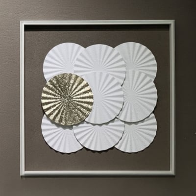 Tableau peinture à l'huile relief rond blanc et doré - 50x50 cm