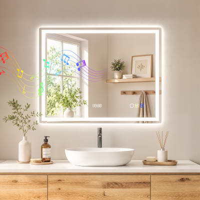 Miroir salle de bain bluetooth 90 x 70 cm éclairage led argent
