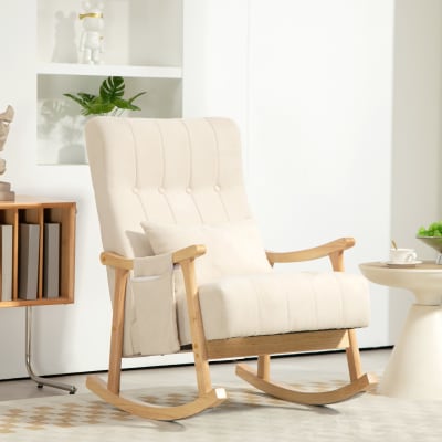 Fauteuil à bascule avec coussin lombaire tissu effet lin beige