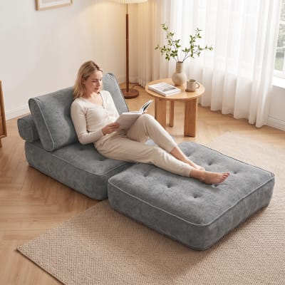 Fauteuil convertible 1 place 3 en 1 2 oreillers chenille gris clair