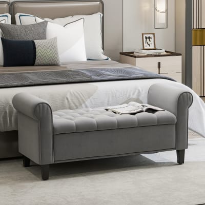 Banc bout de lit coffre de rangement tissu effet velours gris