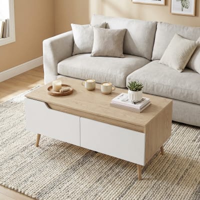 Table basse salon moderne avec 2 tiroirs bois chêne et blanc