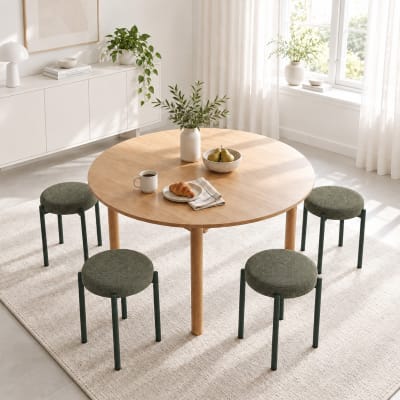 Tabourets ronds 4 places empilables tissu effet lin vert foncé