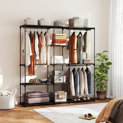 Armoire penderie barre de suspension et étagères tissu et acier noir