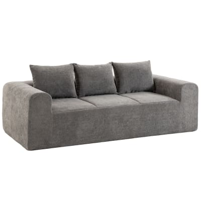 Canapé 3 places assise et accoudoirs larges 3 coussins chenille gris