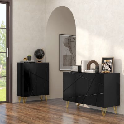 Buffet de salon à haut brillance 3 portes à fermeture douce bois noir