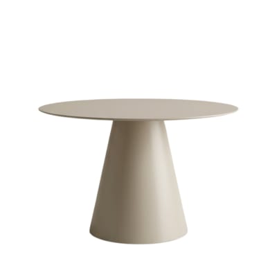 Table ronde fixe gris tourterelle avec plateau en verre, ø 120x76 cm.