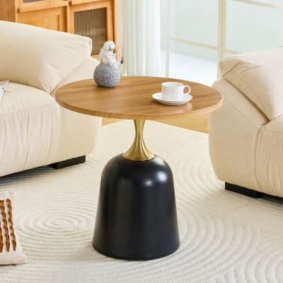 Table d'appoint/salon ronde 60 cm, cadre métal et plateau effet bois