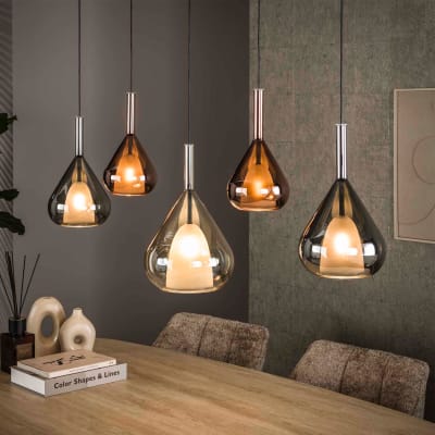 Suspension 5 lampes 123x150 cm en verre ambré, cuivré et chromé