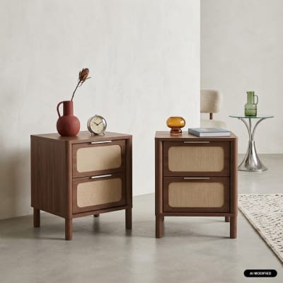 2 tables de chevet vintage décor bois et cannage 2 tiroirs noyer