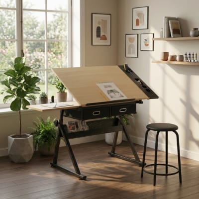 Table à dessin effet bois avec plateau inclinable avec tiroirs