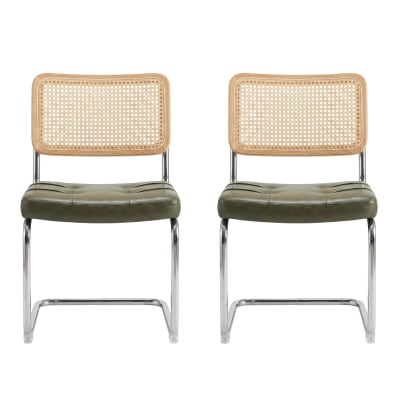 Lot de 2 chaises de salle à manger en pu vert et dossier en rotin