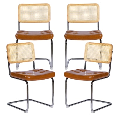 Lot de 4 chaises de salle à manger  en pu caramel et dossier en rotin