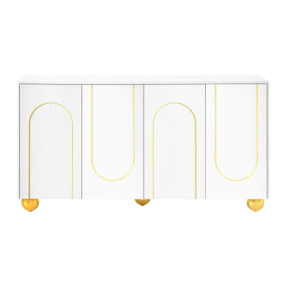 Buffet blanc motifs arche à 4 portes et pieds dorés 140×40×74cm