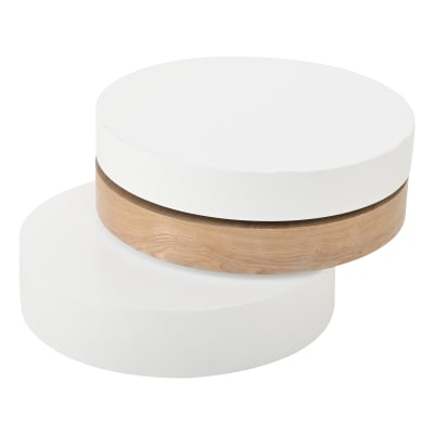 Table basse cylindrique plateau rotatif 360°, blanc & effet bois