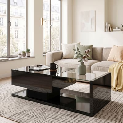 Table basse noire brillante en verre et led, rangement intégré