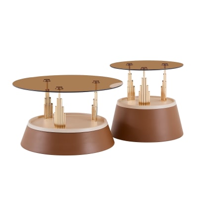 Ensemble de 2 tables basses gigognes en verre trempé teinté marron