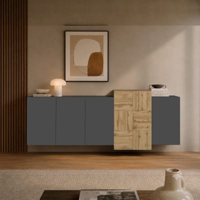 Buffet 5 portes effet bois anthracite mat/chêne 210x40x75cm